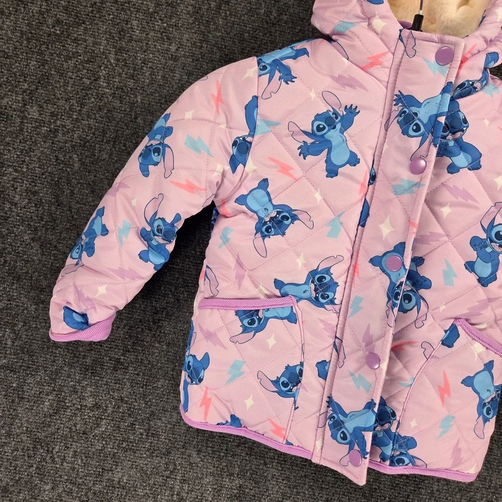 Disney Stitch Quilted Hooded Puffer Jacket Kids Size 3 Pink‎ Midweight NEW